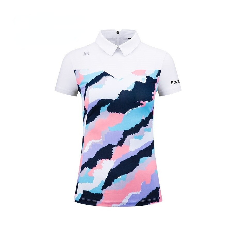 PGM Summer Women Golf Shirts Ladies Tun-down Collar Short-Sleeved T Shirt with Zipper Elasticity Breathable Sports Top YF483