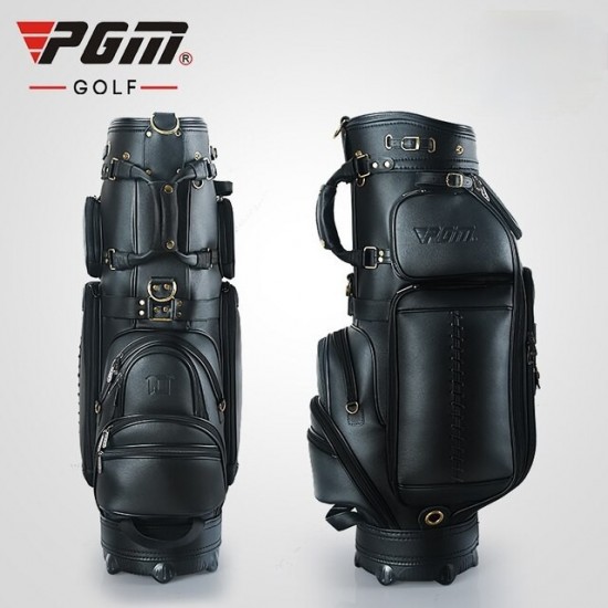 PGM Genuine Leather Golf Bag Men Adjustable Standard Bag Wheels Stretch Bag Multi-Function Airbag Leather Waterproof QB039